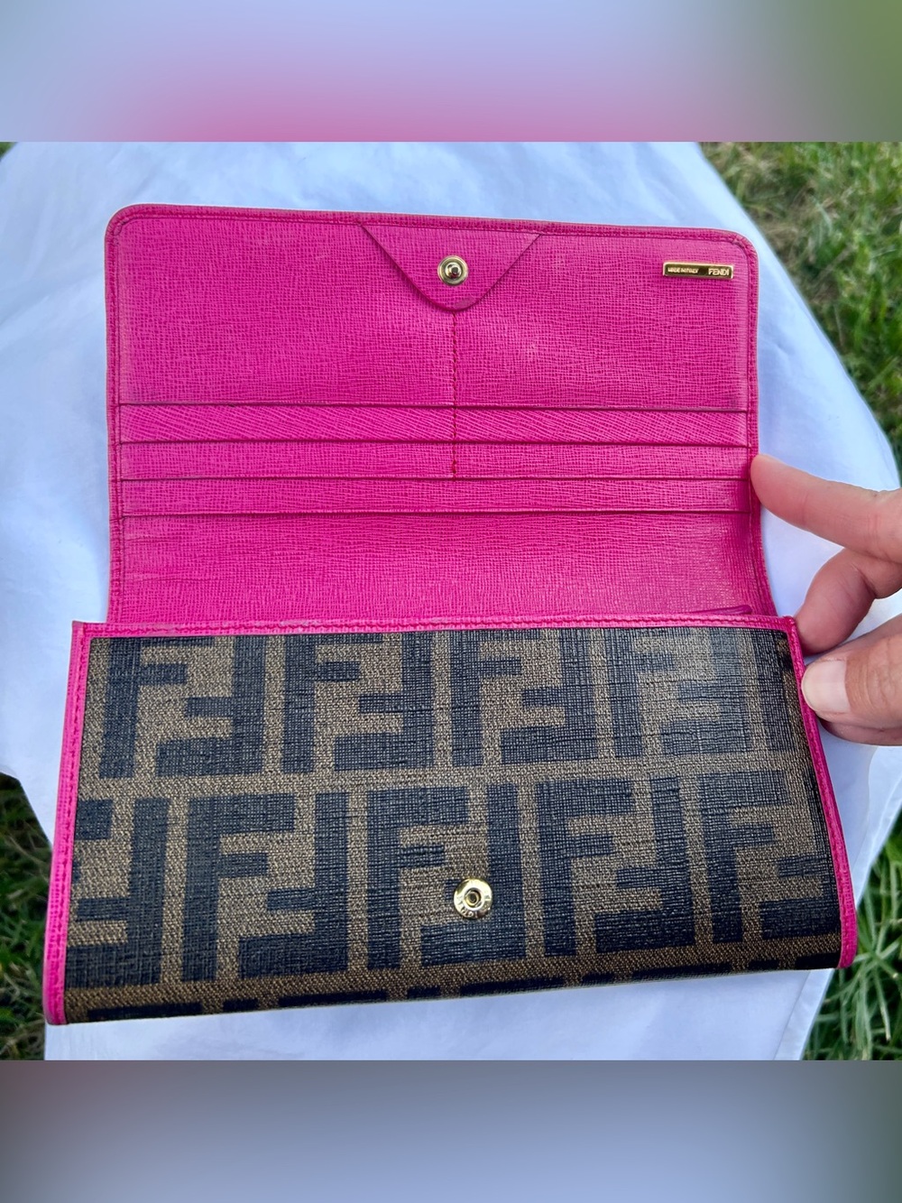 Fendi Tobacco/Pink Zucca Coated Canvas Flap Continental
Wallet. ECU - Picture 7 of 14